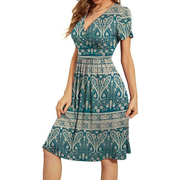 Women Green Khaki Short Sleeve V-Neck Floral Stretchy Party Dress with Pockets - Picture 3 of 4